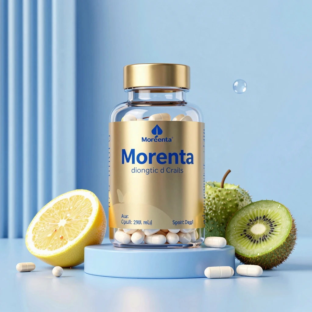 Morenta dietary supplement bottle with golden packaging